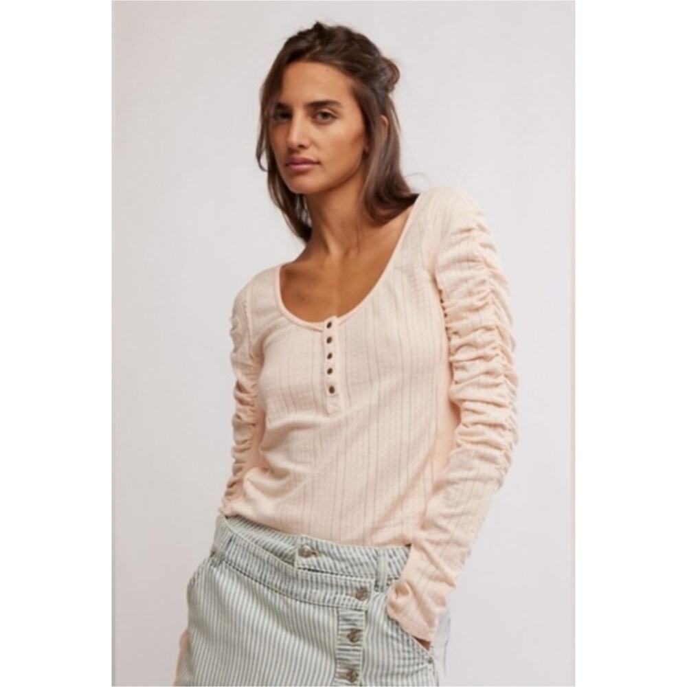 Free People We The Free Hope Henley Ruched Peach Cotton Thermal Top Medium